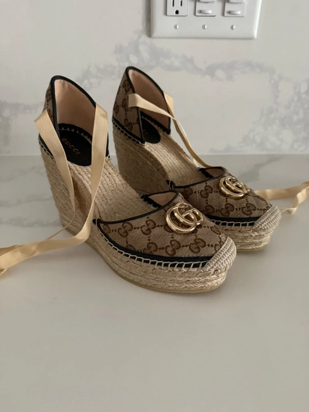 Gucci Brown GG Canvas Wedge Espadrille with Gold Logo